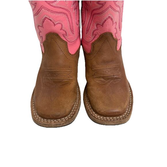 Old West Girls Pink & Brown Leather Cowboy Boots Kids 9D Square Toe - Picture 2 of 7